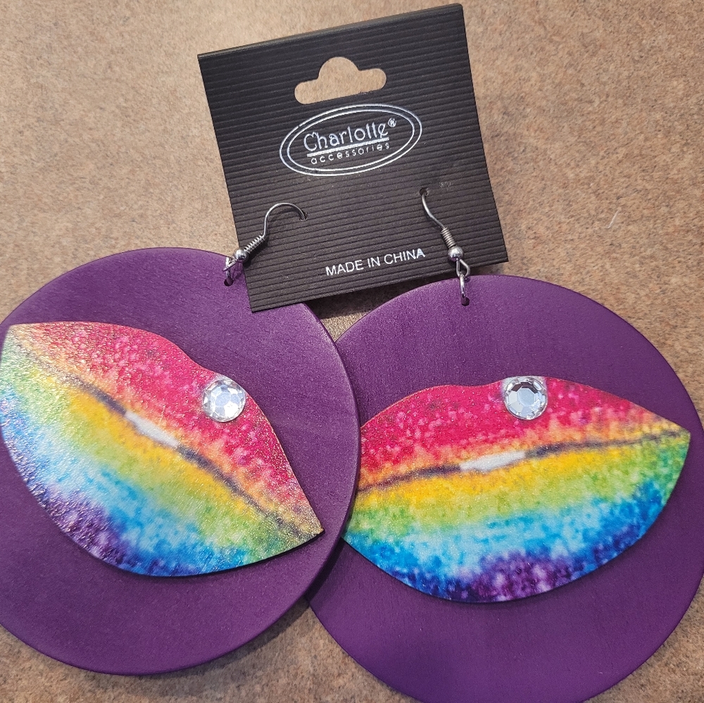 Multi Purple,, pink,, yellow, & blue lip wooden Earrings